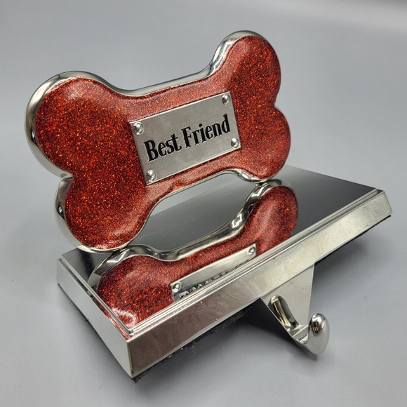 Stocking Holder Doggy Pet Best Friend Dog Bone Red Glitter Silver Tone Metal - Picture 7 of 10